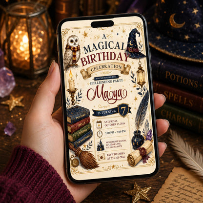 Editable Wizards Witches Birthday Invitation Canva Template, Cute Modern Fun Themed DIY Sweet Chic Party Invite, Printable Digital Download.