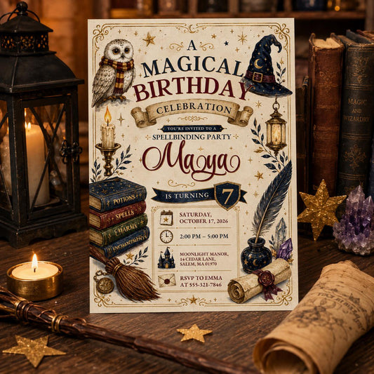 Editable Wizards Witches Birthday Invitation Canva Template, Cute Modern Fun Themed DIY Sweet Chic Party Invite, Printable Digital Download.