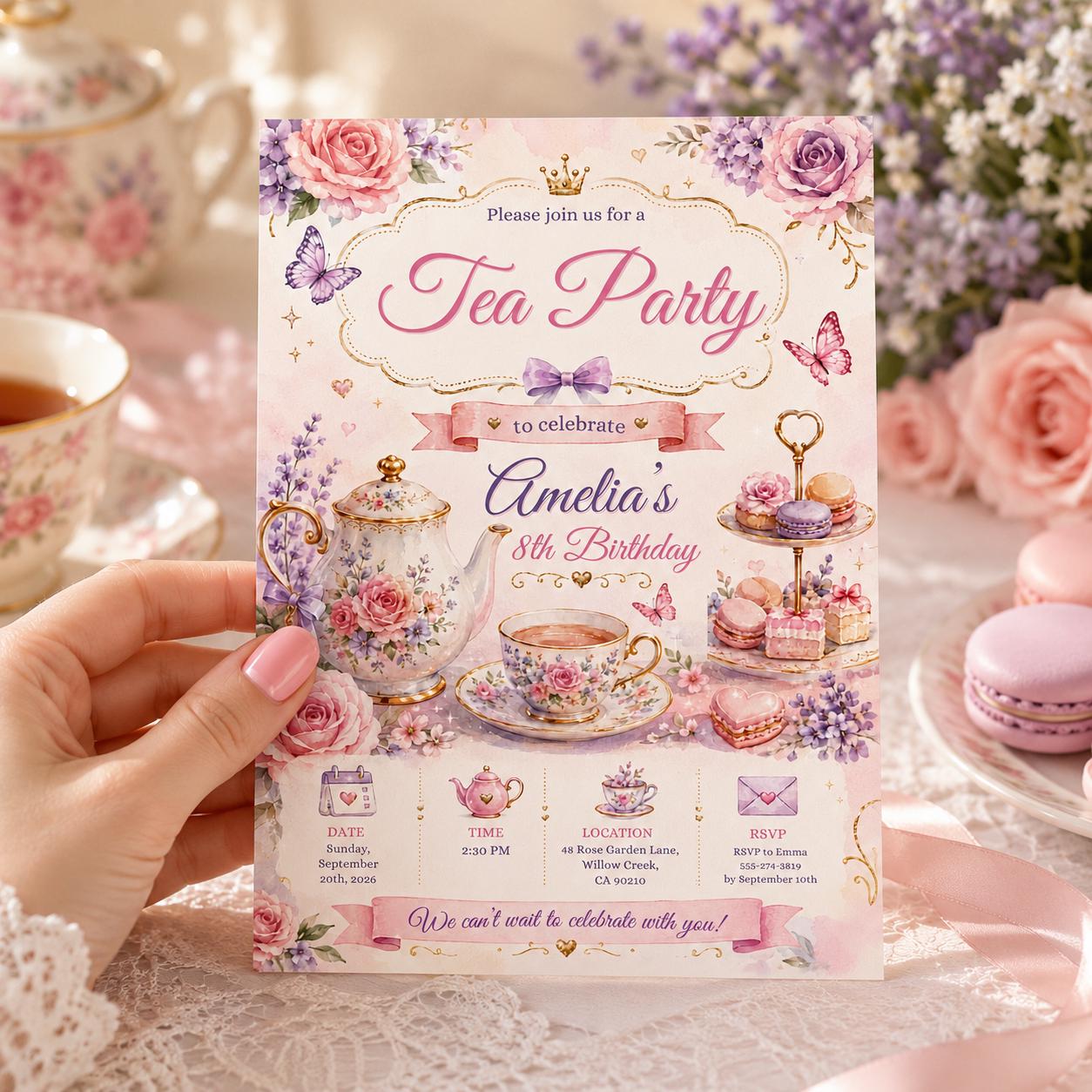 Editable Whimsical Tea Party Birthday Invitation Canva Template, Cute Floral Pink Gold High Tea Invite for Girls, Printable Digital Download