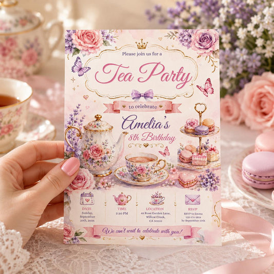 Editable Whimsical Tea Party Birthday Invitation Canva Template, Cute Floral Pink Gold High Tea Invite for Girls, Printable Digital Download