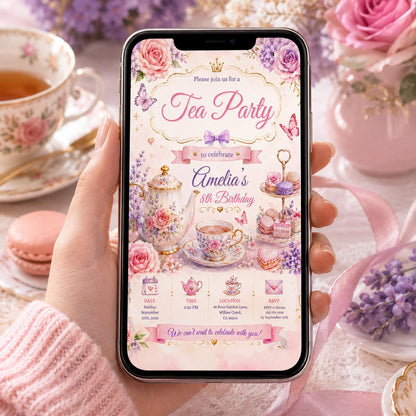 Editable Whimsical Tea Party Birthday Invitation Canva Template, Cute Floral Pink Gold High Tea Invite for Girls, Printable Digital Download