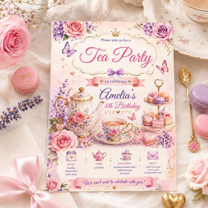 Editable Whimsical Tea Party Birthday Invitation Canva Template, Cute Floral Pink Gold High Tea Invite for Girls, Printable Digital Download