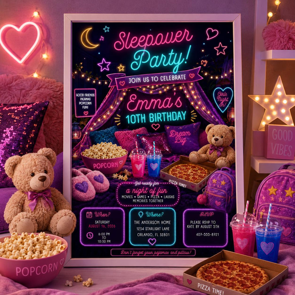 Editable Sleepover Birthday Invitation Canva Template, Girls Kids Teens Cute Modern Fun Themed DIY Party Invite, Printable Digital Download.