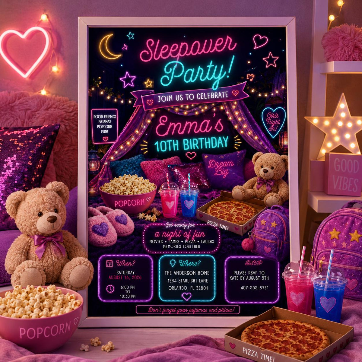 Editable Sleepover Birthday Invitation Canva Template, Girls Kids Teens Cute Modern Fun Themed DIY Party Invite, Printable Digital Download.
