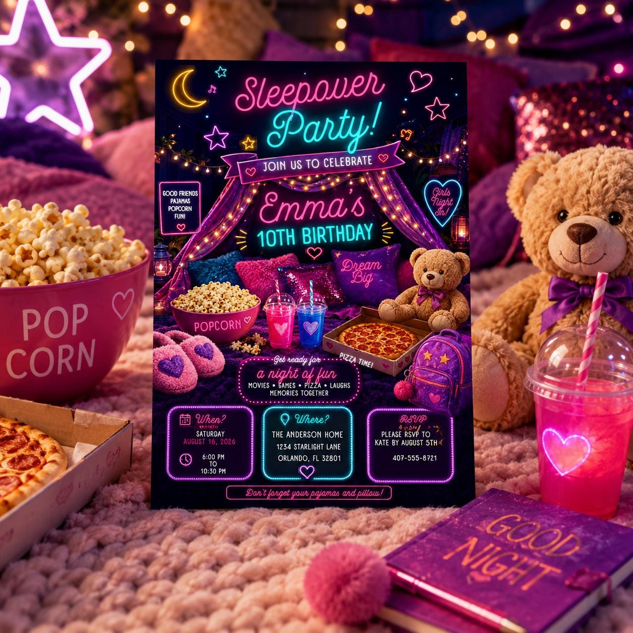 Editable Sleepover Birthday Invitation Canva Template, Girls Kids Teens Cute Modern Fun Themed DIY Party Invite, Printable Digital Download.