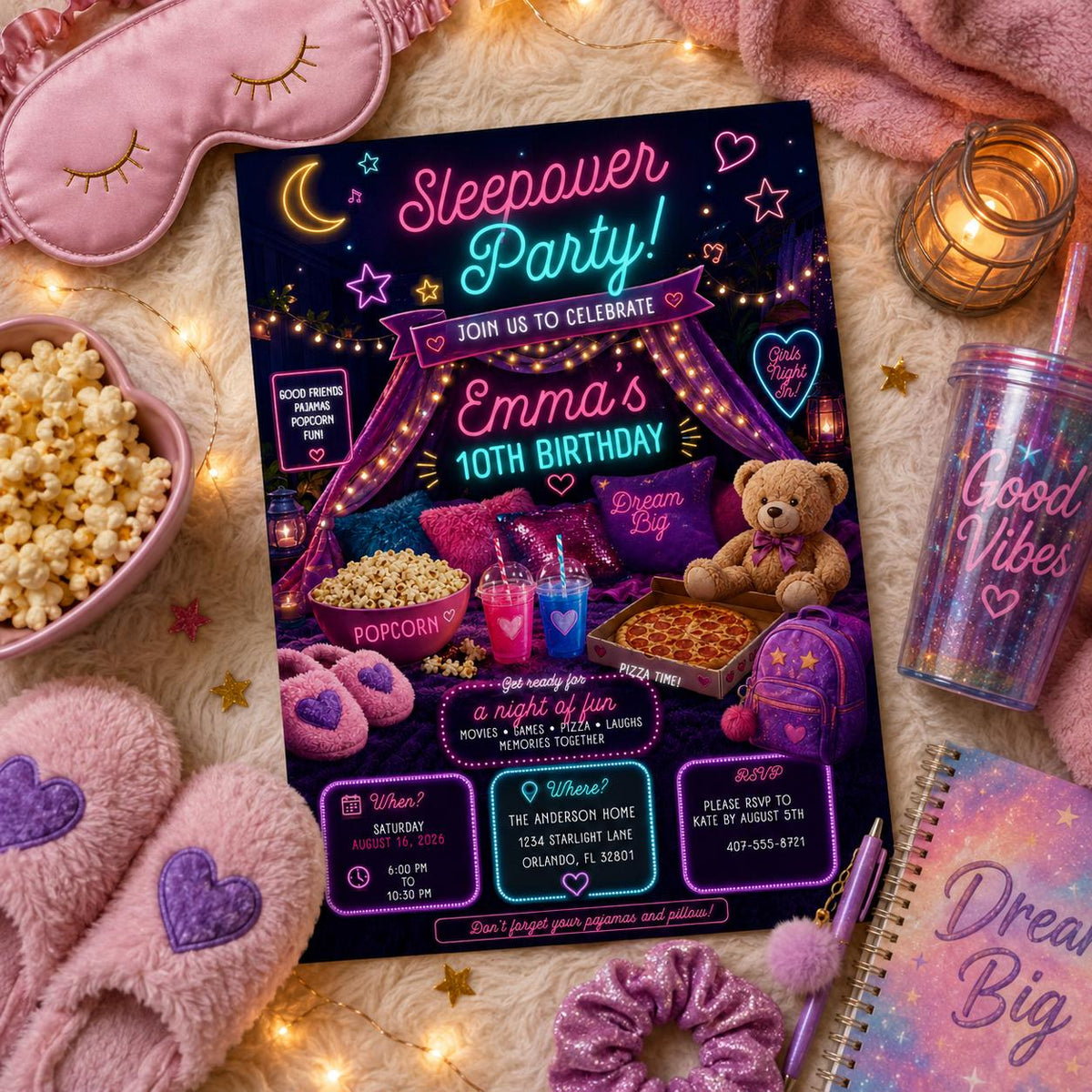 Editable Sleepover Birthday Invitation Canva Template, Girls Kids Teens Cute Modern Fun Themed DIY Party Invite, Printable Digital Download.
