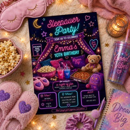 Editable Sleepover Birthday Invitation Canva Template, Girls Kids Teens Cute Modern Fun Themed DIY Party Invite, Printable Digital Download.