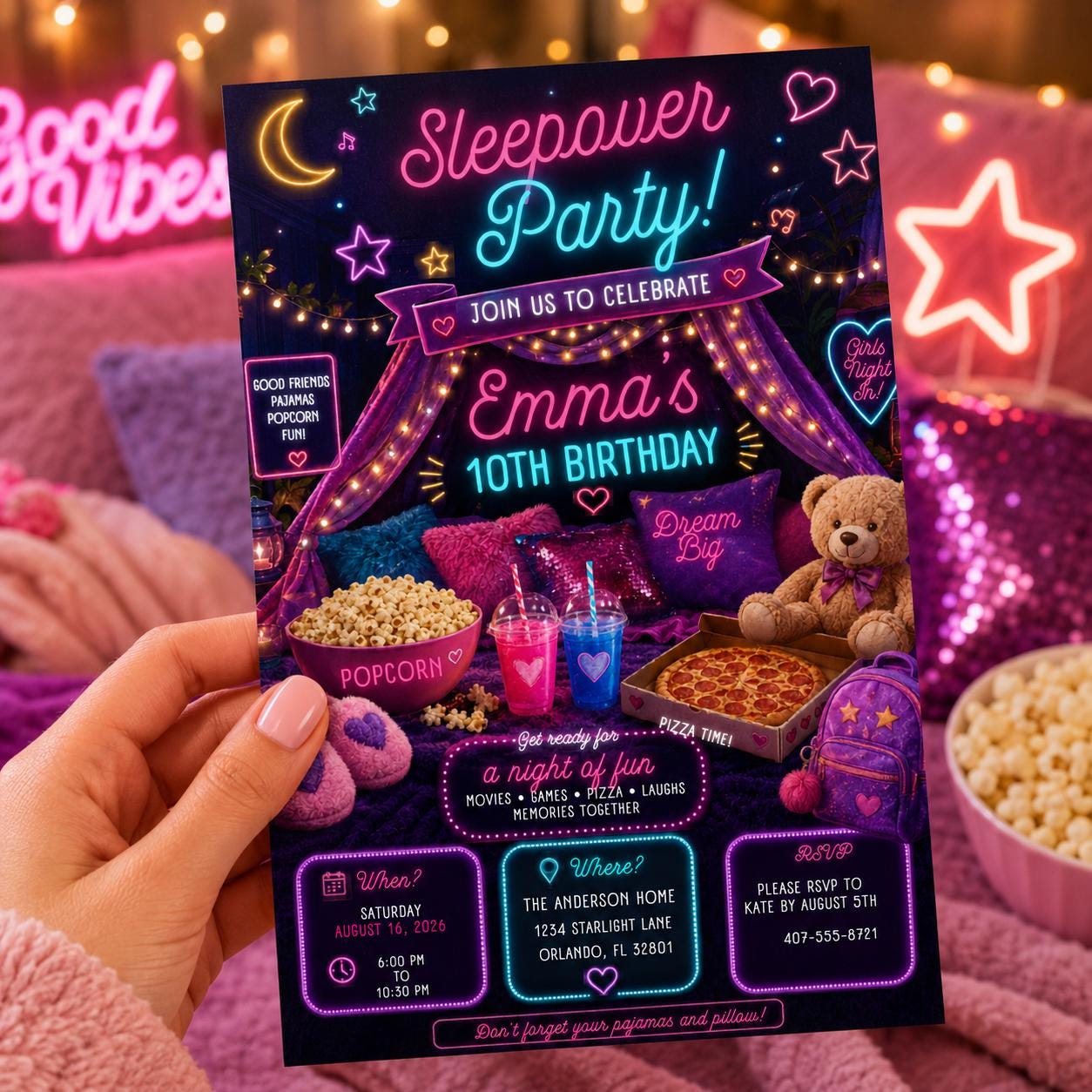 Editable Sleepover Birthday Invitation Canva Template, Girls Kids Teens Cute Modern Fun Themed DIY Party Invite, Printable Digital Download.