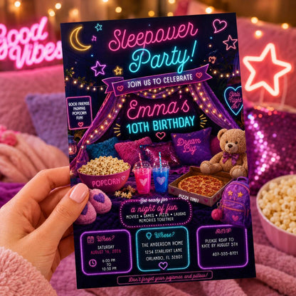 Editable Sleepover Birthday Invitation Canva Template, Girls Kids Teens Cute Modern Fun Themed DIY Party Invite, Printable Digital Download.