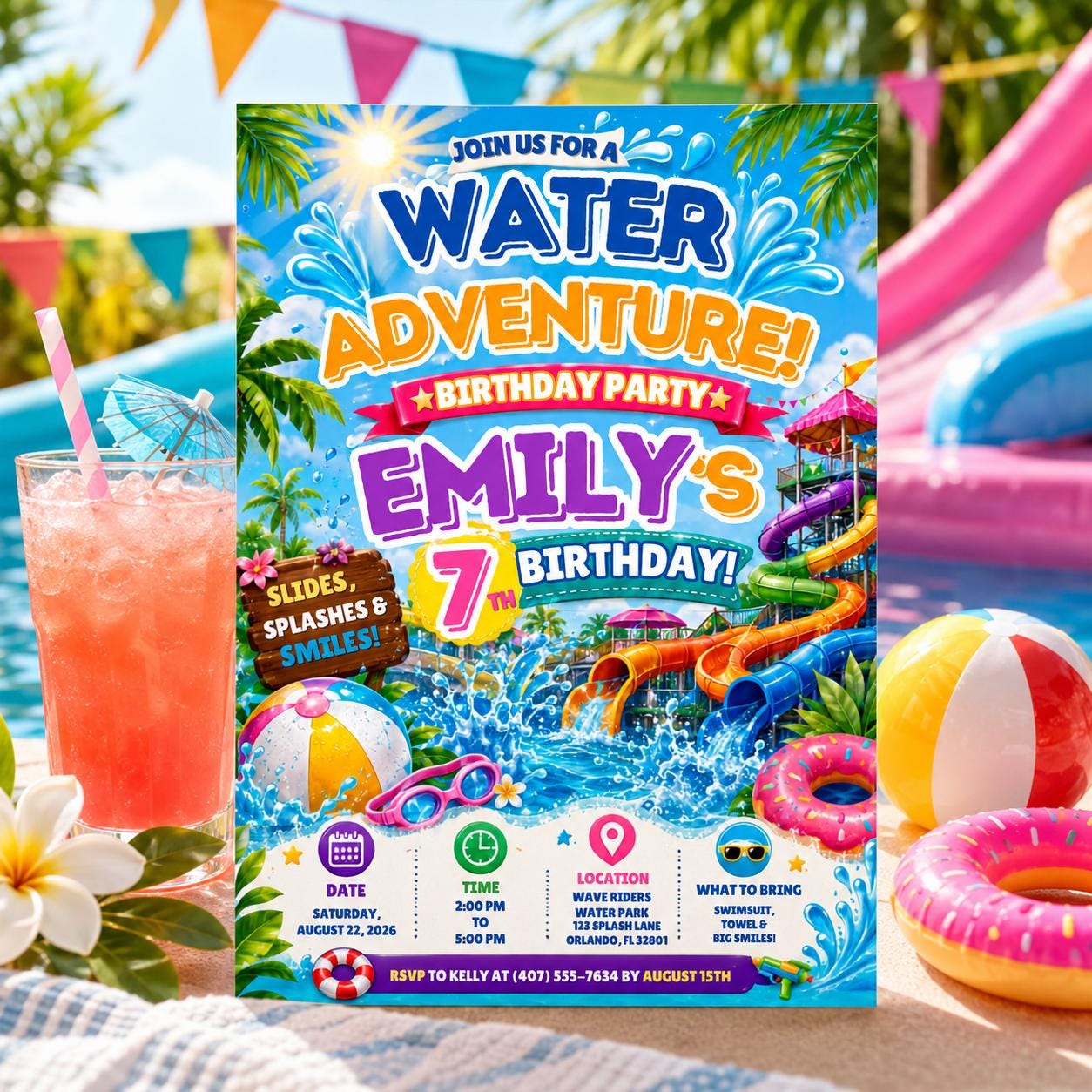 Editable Pool Birthday Invitation Canva Template, Pool Cute Modern Fun Themed Custom DIY Chic Kids Party Invite, Printable Digital Download.