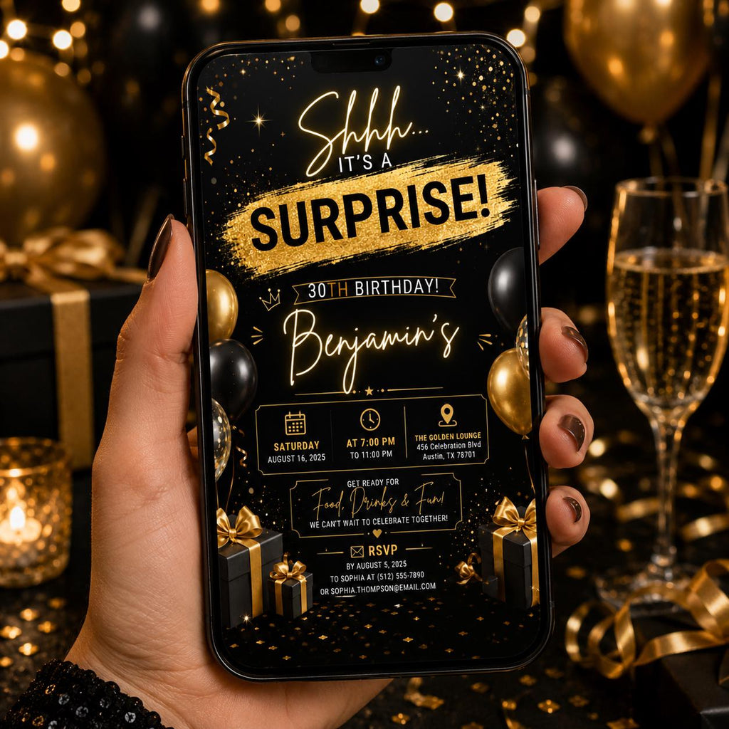 Editable Surprise 30th Birthday Invitation Canva Template, Adult Cute Fun DIY Sweet Chic Kids Teen Party Invite, Printable Digital Download.