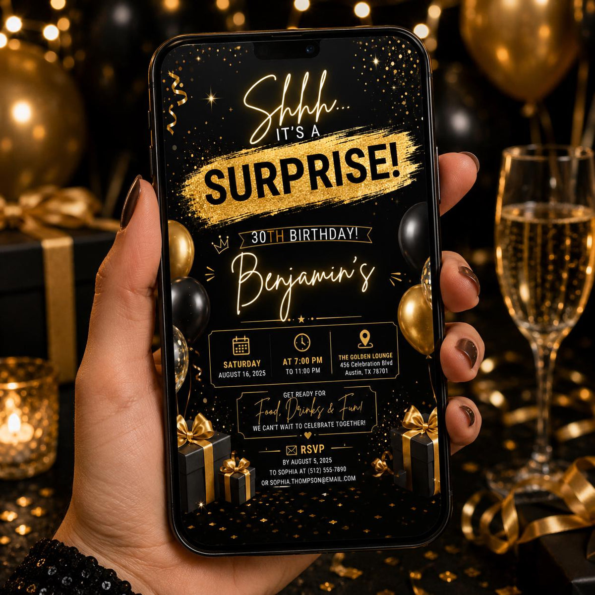 Editable Surprise 30th Birthday Invitation Canva Template, Adult Cute Fun DIY Sweet Chic Kids Teen Party Invite, Printable Digital Download.