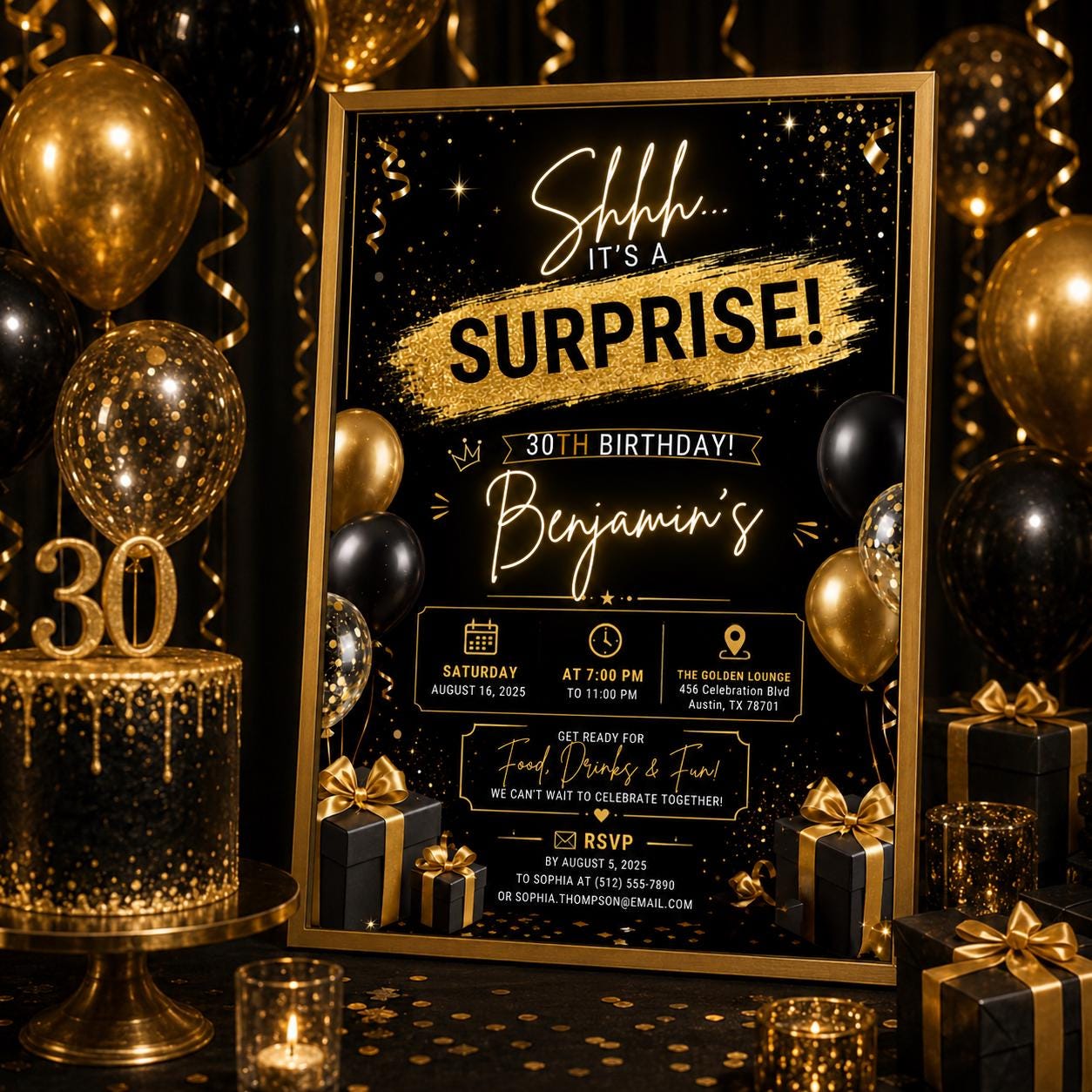 Editable Surprise 30th Birthday Invitation Canva Template, Adult Cute Fun DIY Sweet Chic Kids Teen Party Invite, Printable Digital Download.