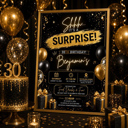 Editable Surprise 30th Birthday Invitation Canva Template, Adult Cute Fun DIY Sweet Chic Kids Teen Party Invite, Printable Digital Download.