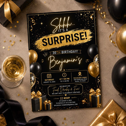 Editable Surprise 30th Birthday Invitation Canva Template, Adult Cute Fun DIY Sweet Chic Kids Teen Party Invite, Printable Digital Download.
