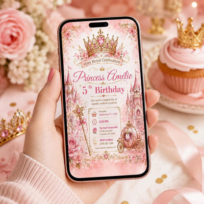 Editable Princess Birthday Invitation Canva Template, Magical Girls Kids Cute Modern Fun DIY Sweet Party Invite, Printable Digital Download.