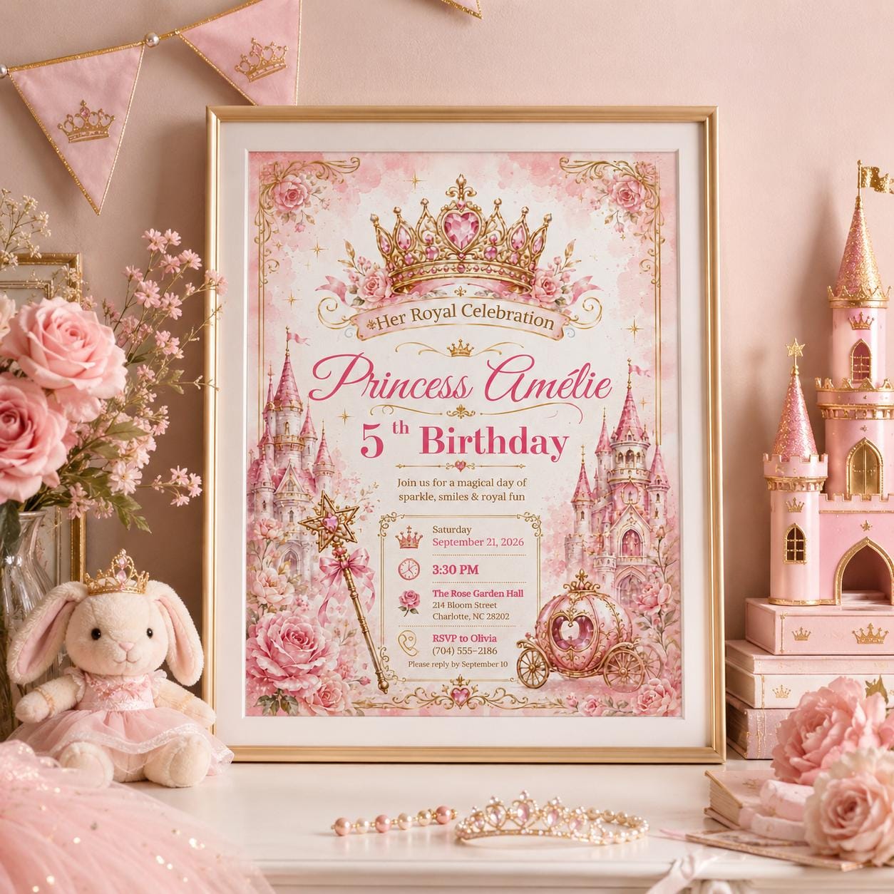 Editable Princess Birthday Invitation Canva Template, Magical Girls Kids Cute Modern Fun DIY Sweet Party Invite, Printable Digital Download.