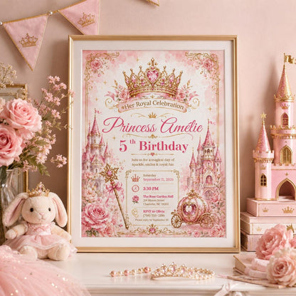 Editable Princess Birthday Invitation Canva Template, Magical Girls Kids Cute Modern Fun DIY Sweet Party Invite, Printable Digital Download.