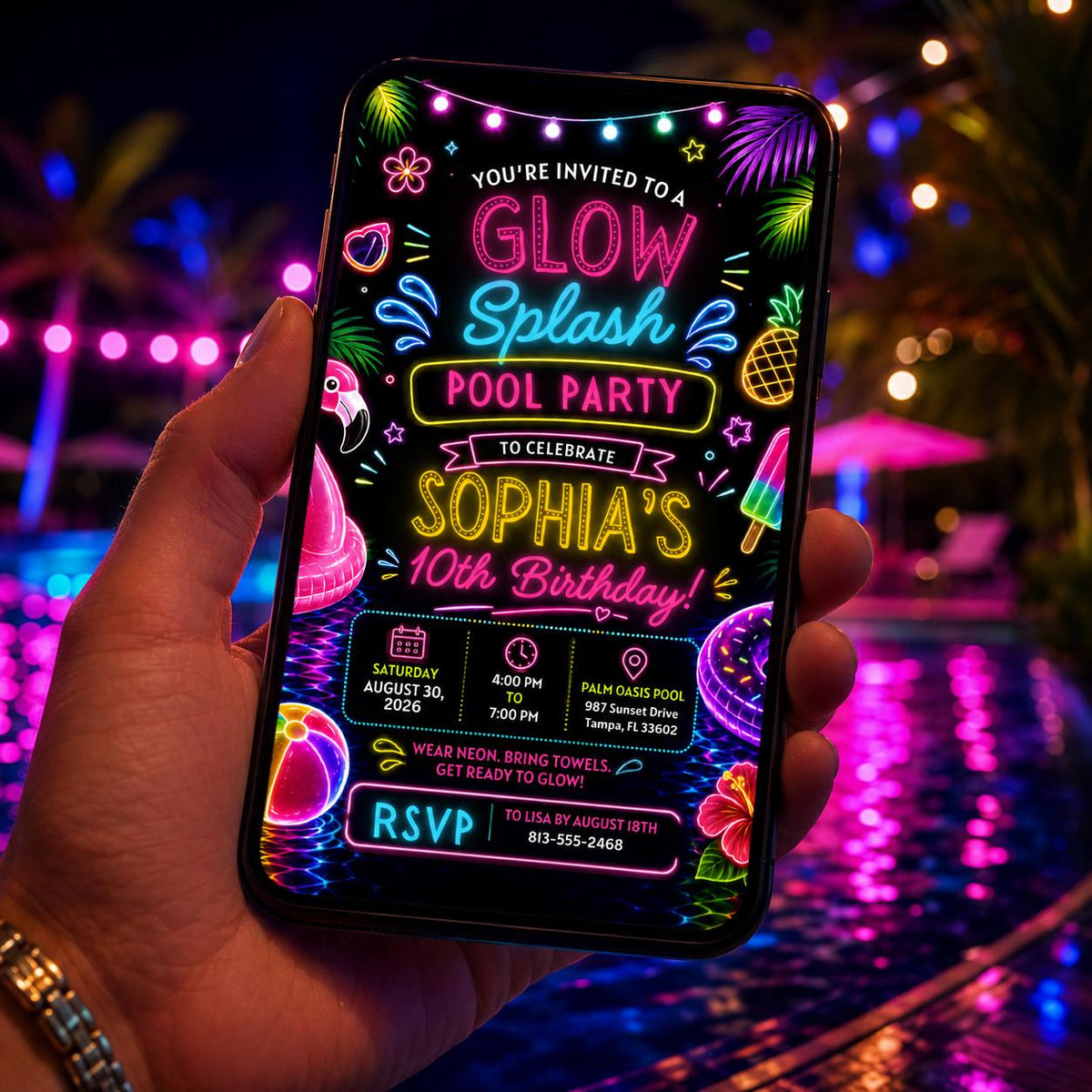 Editable Pool Birthday Invitation Canva Template, Neon Girls Pool Cute Modern Fun Themed DIY Sweet Party Invite, Printable Digital Download.