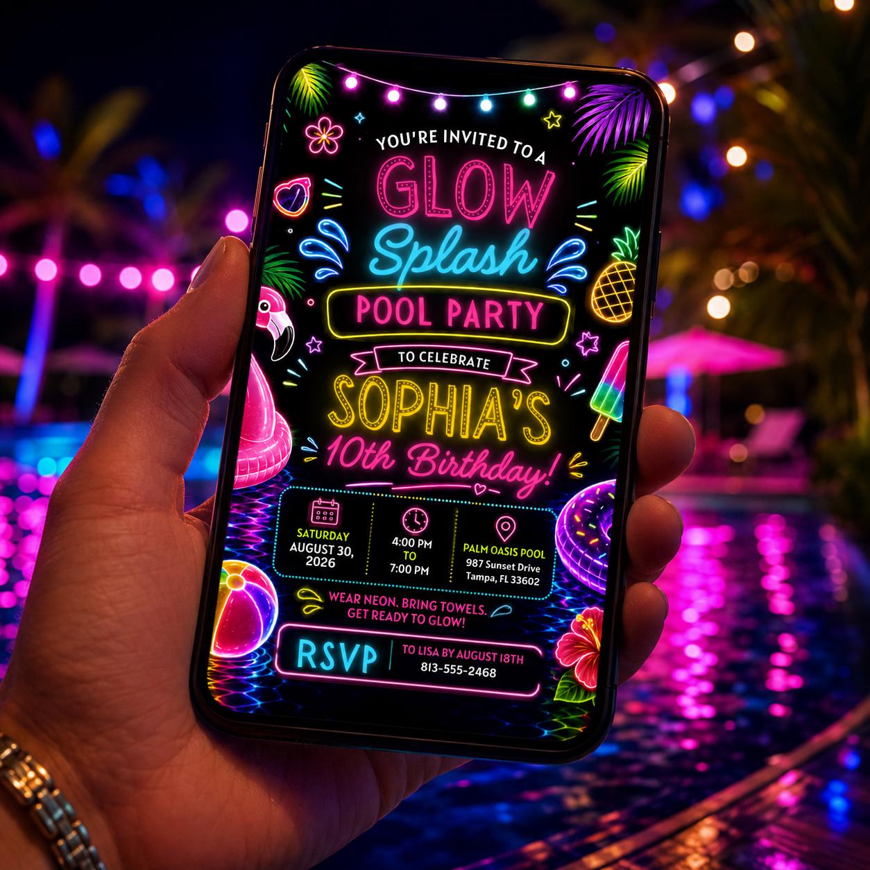 Editable Pool Birthday Invitation Canva Template, Neon Girls Pool Cute Modern Fun Themed DIY Sweet Party Invite, Printable Digital Download.