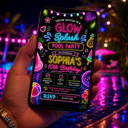 Editable Pool Birthday Invitation Canva Template, Neon Girls Pool Cute Modern Fun Themed DIY Sweet Party Invite, Printable Digital Download.
