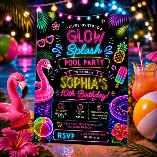 Editable Pool Birthday Invitation Canva Template, Neon Girls Pool Cute Modern Fun Themed DIY Sweet Party Invite, Printable Digital Download.