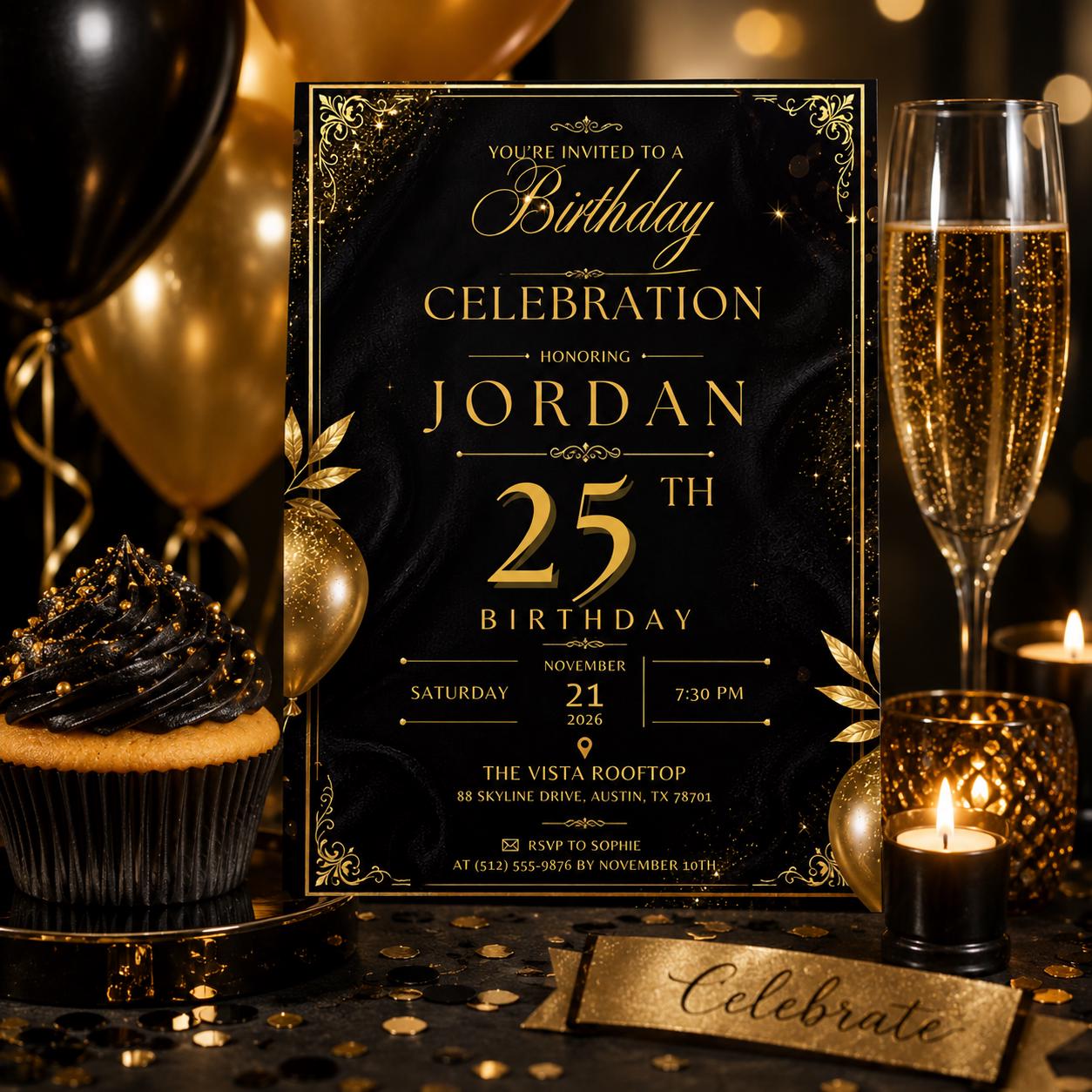 Editable Black Gold Birthday Invitation Canva Template, Modern Luxury Boys Cute Fun DIY Sweet Chic Party Invite, Printable Digital Download.