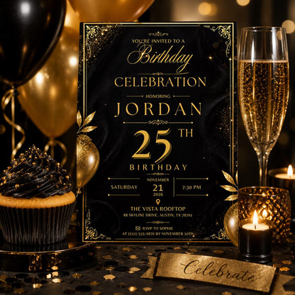 Editable Black Gold Birthday Invitation Canva Template, Modern Luxury Boys Cute Fun DIY Sweet Chic Party Invite, Printable Digital Download.