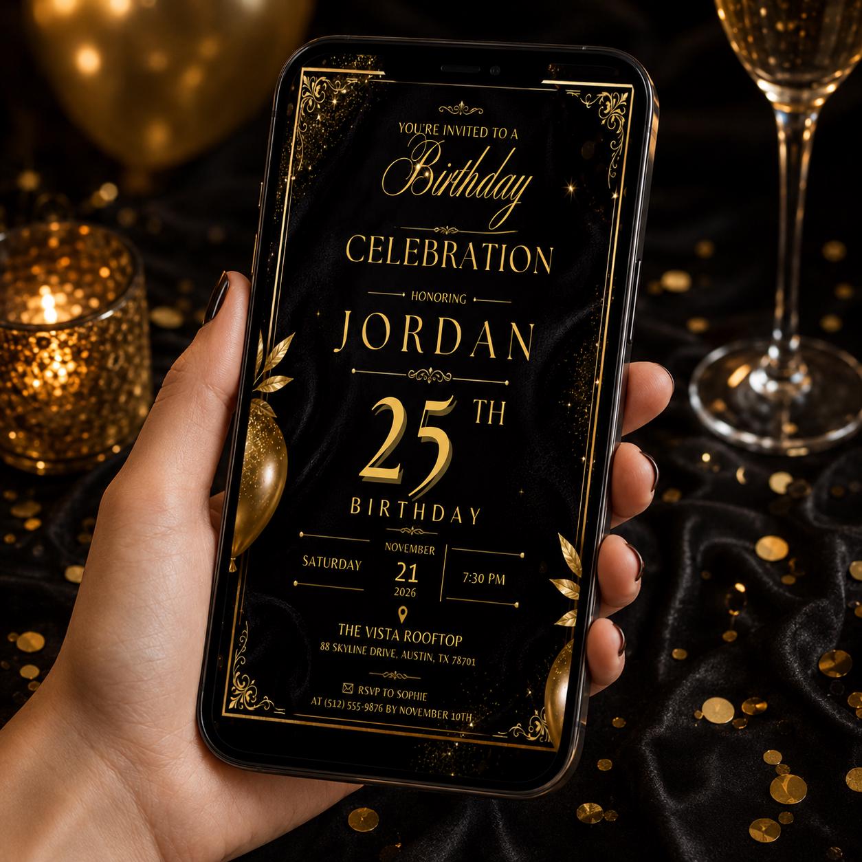 Editable Black Gold Birthday Invitation Canva Template, Modern Luxury Boys Cute Fun DIY Sweet Chic Party Invite, Printable Digital Download.