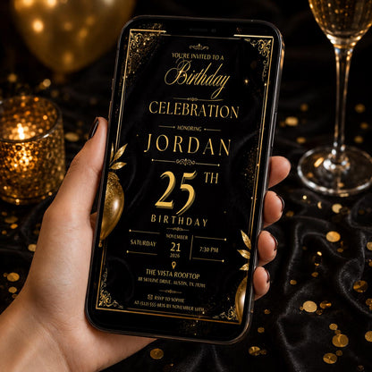Editable Black Gold Birthday Invitation Canva Template, Modern Luxury Boys Cute Fun DIY Sweet Chic Party Invite, Printable Digital Download.