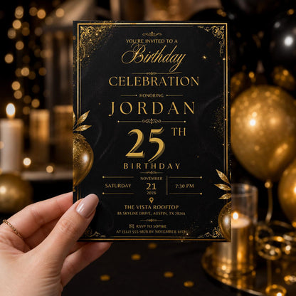 Editable Black Gold Birthday Invitation Canva Template, Modern Luxury Boys Cute Fun DIY Sweet Chic Party Invite, Printable Digital Download.