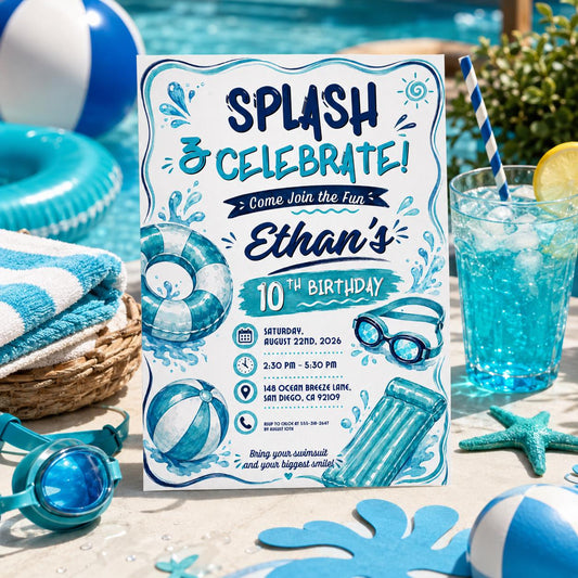 Editable Pool Birthday Invitation Canva Template, Boys Teens Pool Cute Modern Fun Themed DIY Sweet Party Invite, Printable Digital Download.
