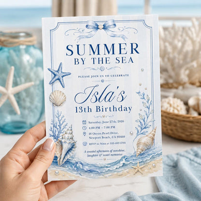 Editable Coastal Birthday Invitation Canva Template, Blue Girls Teens Beach Cute Fun DIY Chic Kids Party Invite, Printable Digital Download.