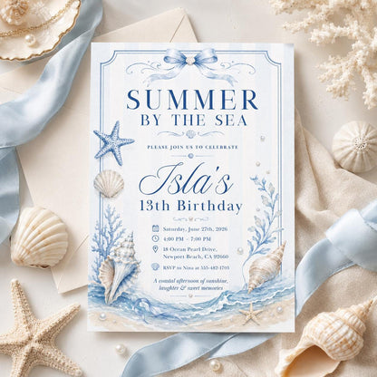 Editable Coastal Birthday Invitation Canva Template, Blue Girls Teens Beach Cute Fun DIY Chic Kids Party Invite, Printable Digital Download.