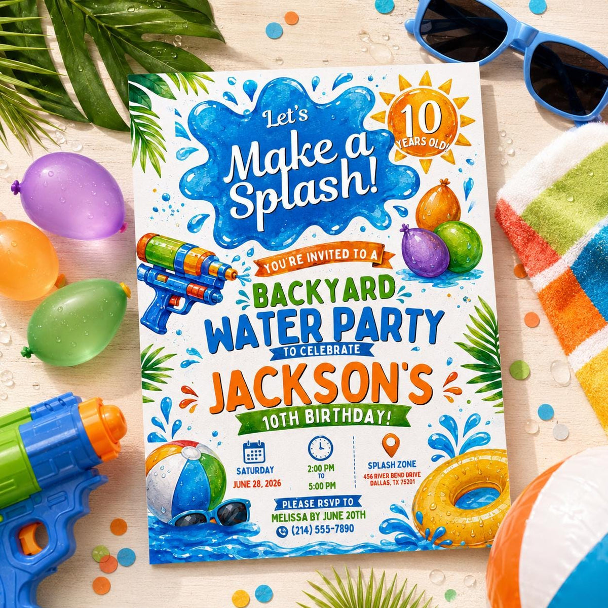 Editable Pool Birthday Invitation Canva Template, Boys Summer Cute Modern Fun Themed DIY Chic Kids Party Invite, Printable Digital Download.
