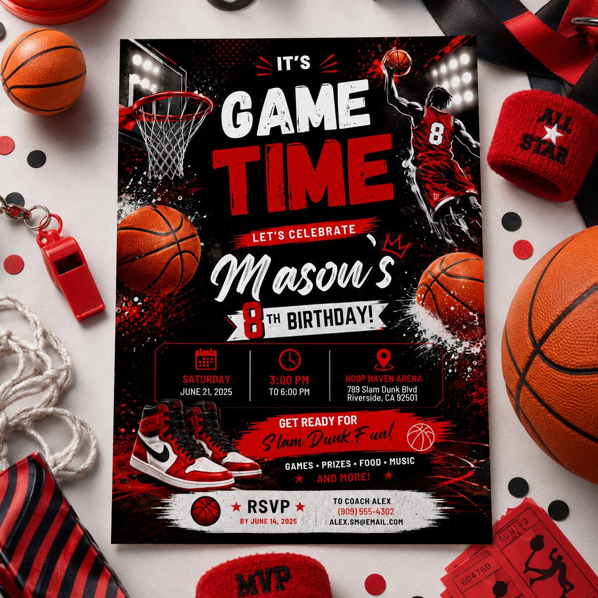 Editable Basketball Birthday Invitation Canva Template, Gold Black Luxury Sport Cute Fun DIY Sweet Party Invite, Printable Digital Download.