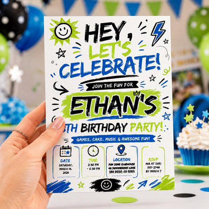 Editable Let Birthday Invitation Canva Template, Black White Boys Kids Cute Modern Fun Instant DIY Party Invite, Printable Digital Download.