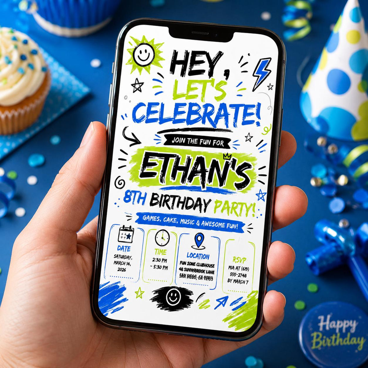 Editable Let Birthday Invitation Canva Template, Black White Boys Kids Cute Modern Fun Instant DIY Party Invite, Printable Digital Download.