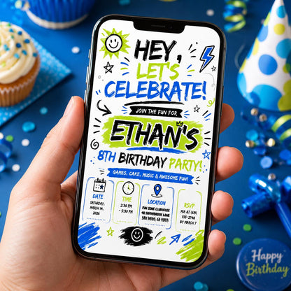 Editable Let Birthday Invitation Canva Template, Black White Boys Kids Cute Modern Fun Instant DIY Party Invite, Printable Digital Download.