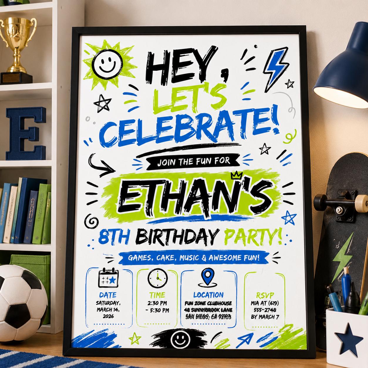 Editable Let Birthday Invitation Canva Template, Black White Boys Kids Cute Modern Fun Instant DIY Party Invite, Printable Digital Download.