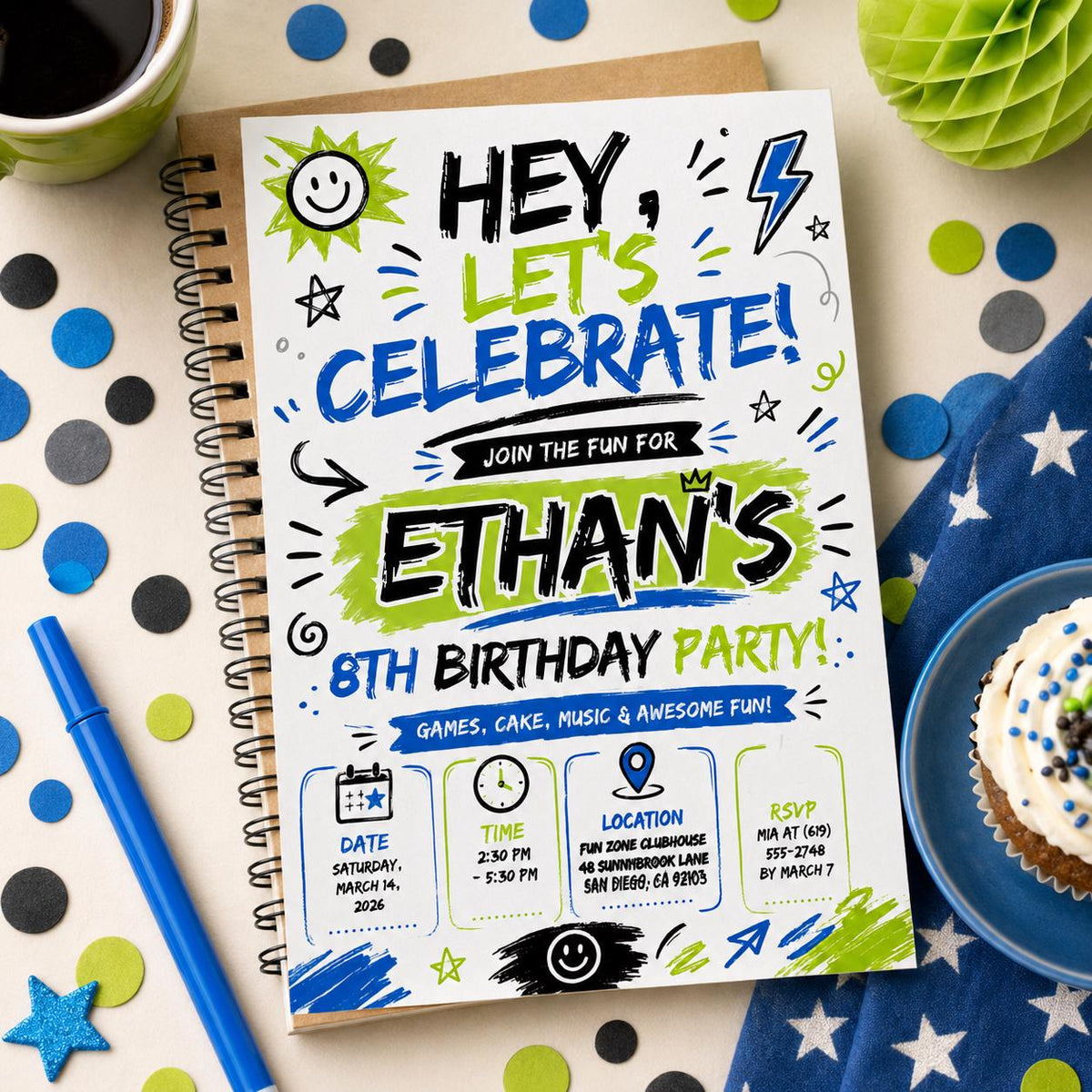 Editable Let Birthday Invitation Canva Template, Black White Boys Kids Cute Modern Fun Instant DIY Party Invite, Printable Digital Download.