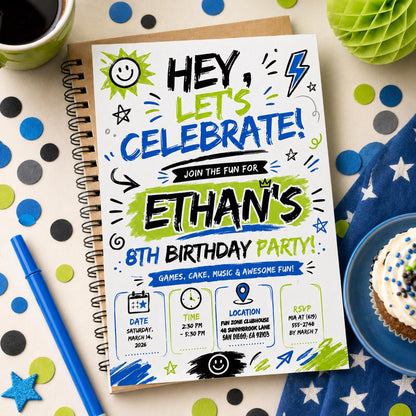 Editable Let Birthday Invitation Canva Template, Black White Boys Kids Cute Modern Fun Instant DIY Party Invite, Printable Digital Download.