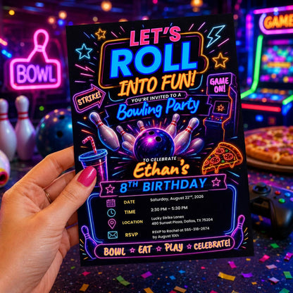 Editable Neon Glow Birthday Invitation Canva Template, Boys Teens Neon Cute Fun DIY Chic Kids Teen Party Invite, Printable Digital Download.