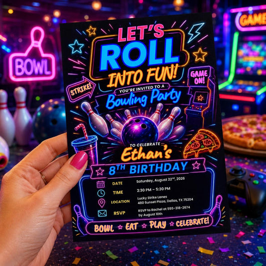 Editable Neon Glow Birthday Invitation Canva Template, Boys Teens Neon Cute Fun DIY Chic Kids Teen Party Invite, Printable Digital Download.