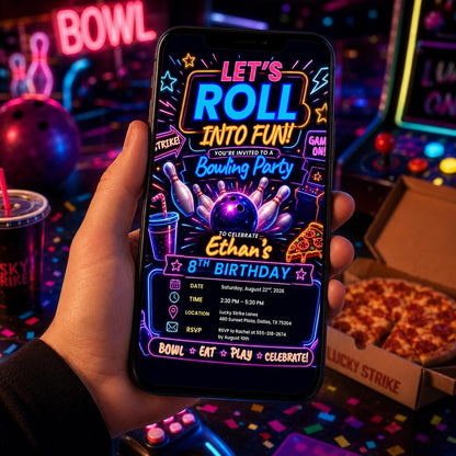 Editable Neon Glow Birthday Invitation Canva Template, Boys Teens Neon Cute Fun DIY Chic Kids Teen Party Invite, Printable Digital Download.