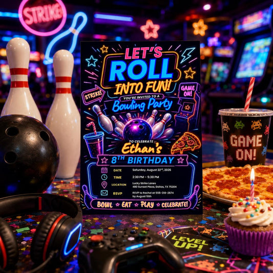 Editable Neon Glow Birthday Invitation Canva Template, Boys Teens Neon Cute Fun DIY Chic Kids Teen Party Invite, Printable Digital Download.