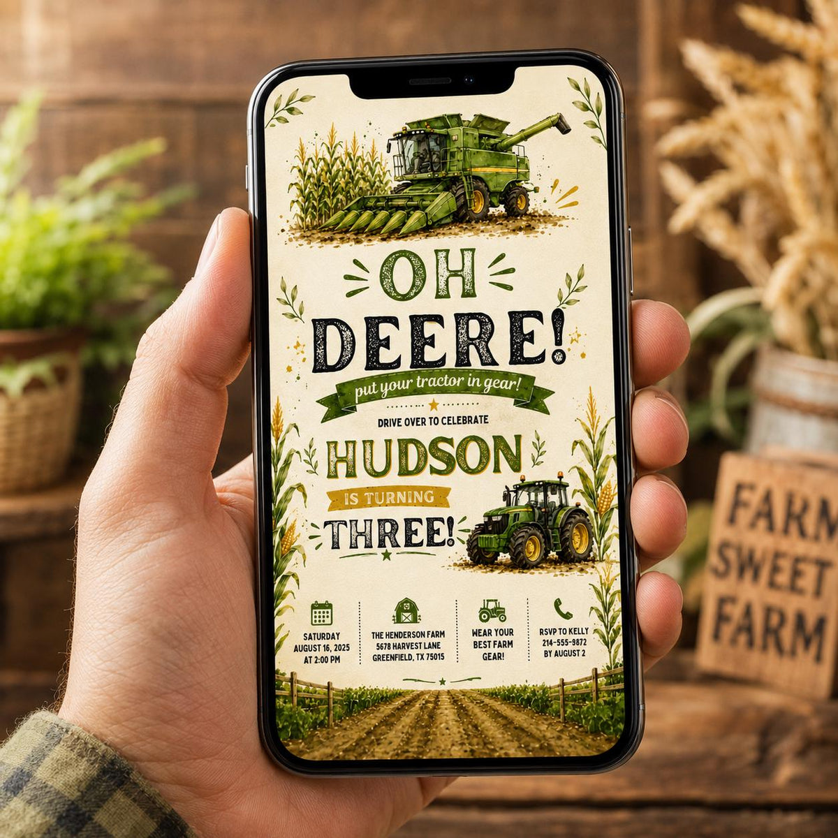 Editable Farm Animals Birthday Invitation Canva Template, Green Boys Kids Farm Cute Modern Fun DIY Party Invite, Printable Digital Download.