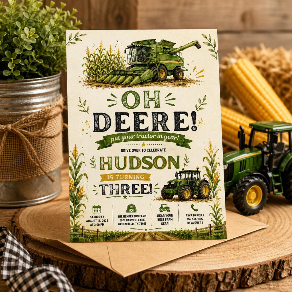 Editable Farm Animals Birthday Invitation Canva Template, Green Boys Kids Farm Cute Modern Fun DIY Party Invite, Printable Digital Download.