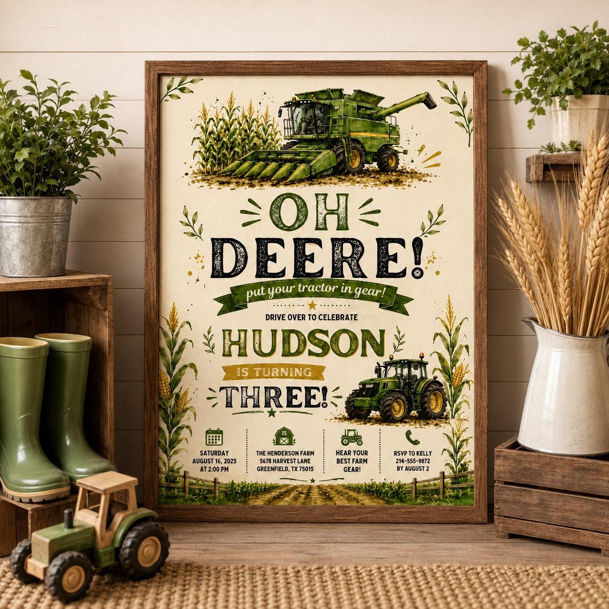 Editable Farm Animals Birthday Invitation Canva Template, Green Boys Kids Farm Cute Modern Fun DIY Party Invite, Printable Digital Download.