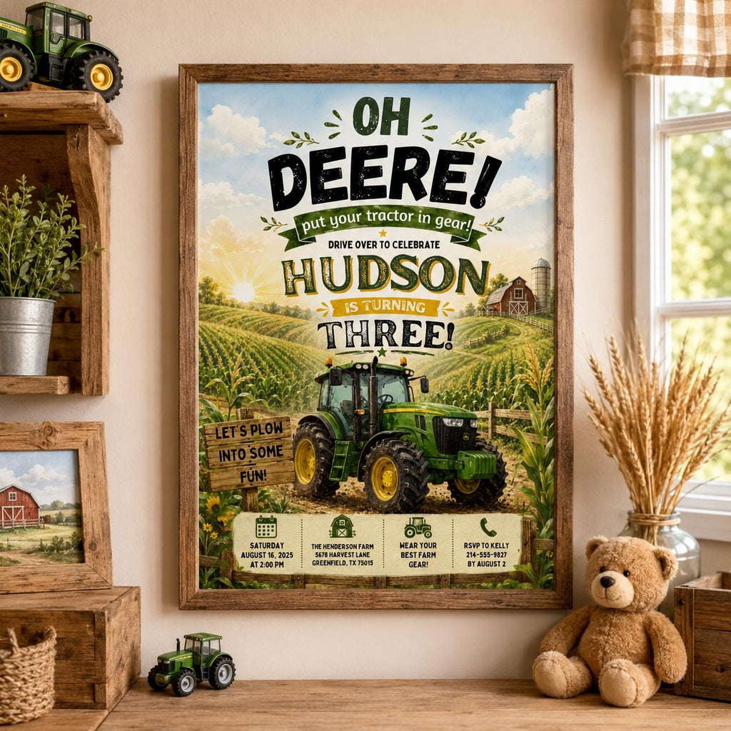 Editable Farm Animals Birthday Invitation Canva Template, Green Boys Kids Farm Cute Modern Fun DIY Party Invite, Printable Digital Download.